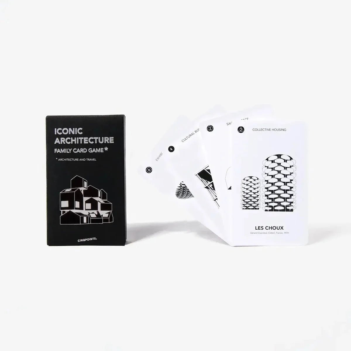 The Iconic Architecture Family Card Game set, featuring a black box on the left and several white cards fanned out on the right against a clean white background.