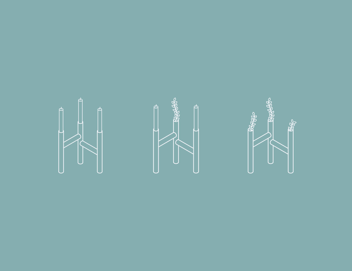 Three minimalist white line-art illustrations of a candle and flower stem holder, arranged side by side on a muted blue-green background.