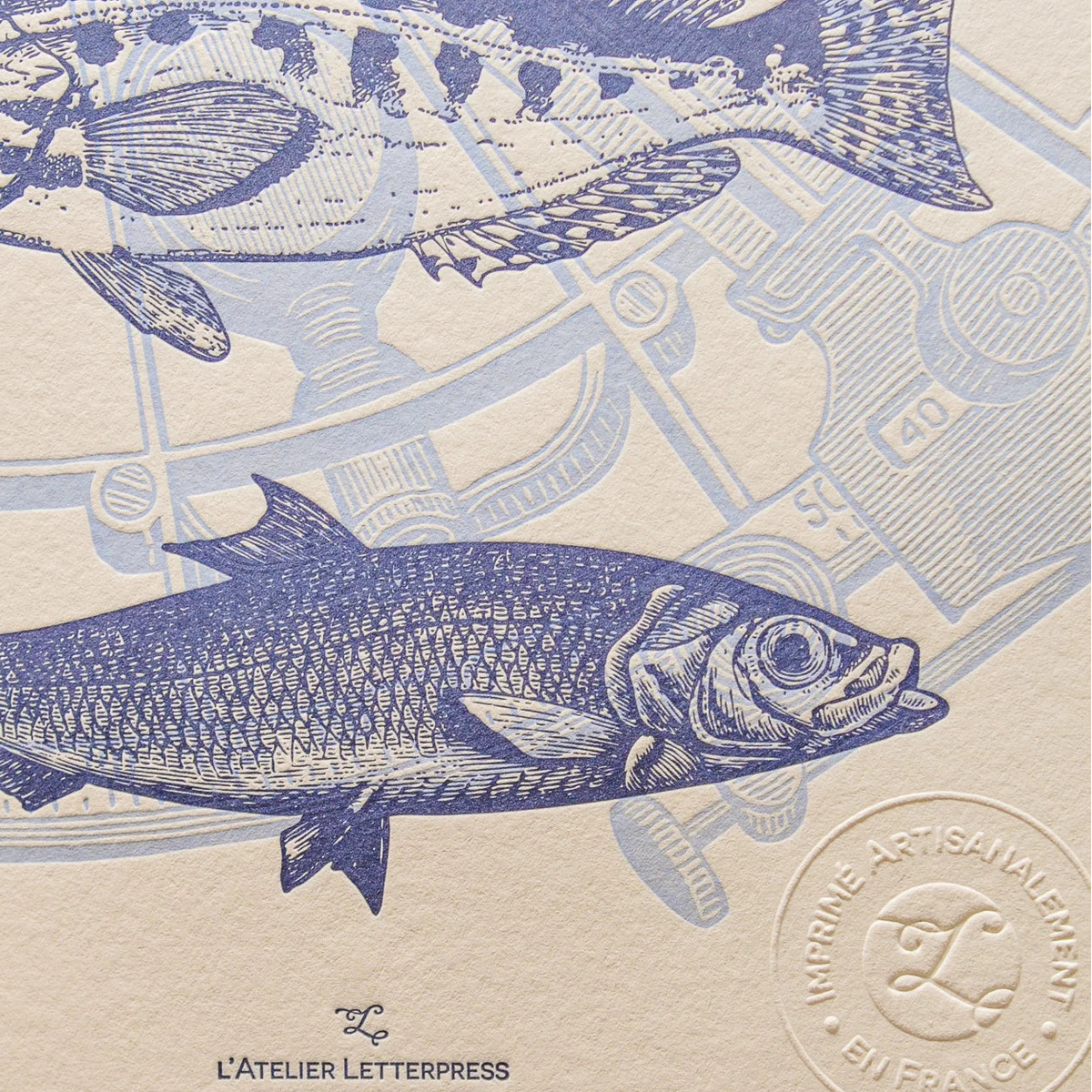 A close up of vintage-style illustrated art print with illustrations of two fish and a sextant in the background, on textured off-white cotton paper, showing the embossed stamp of authenticity.