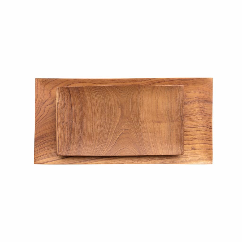 Small and medium teak root flat trays stacked on top of each other viewed from above on a white background