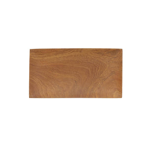 Small teak root wood flat tray viewed from above on a white background