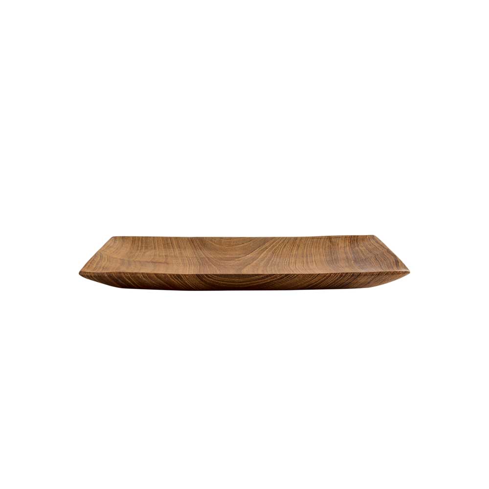 Small teak root wood flat tray viewed from the side on a white background