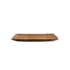 Small teak root wood flat tray viewed from the side on a white background