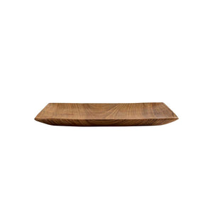 Small teak root wood flat tray viewed from the side on a white background