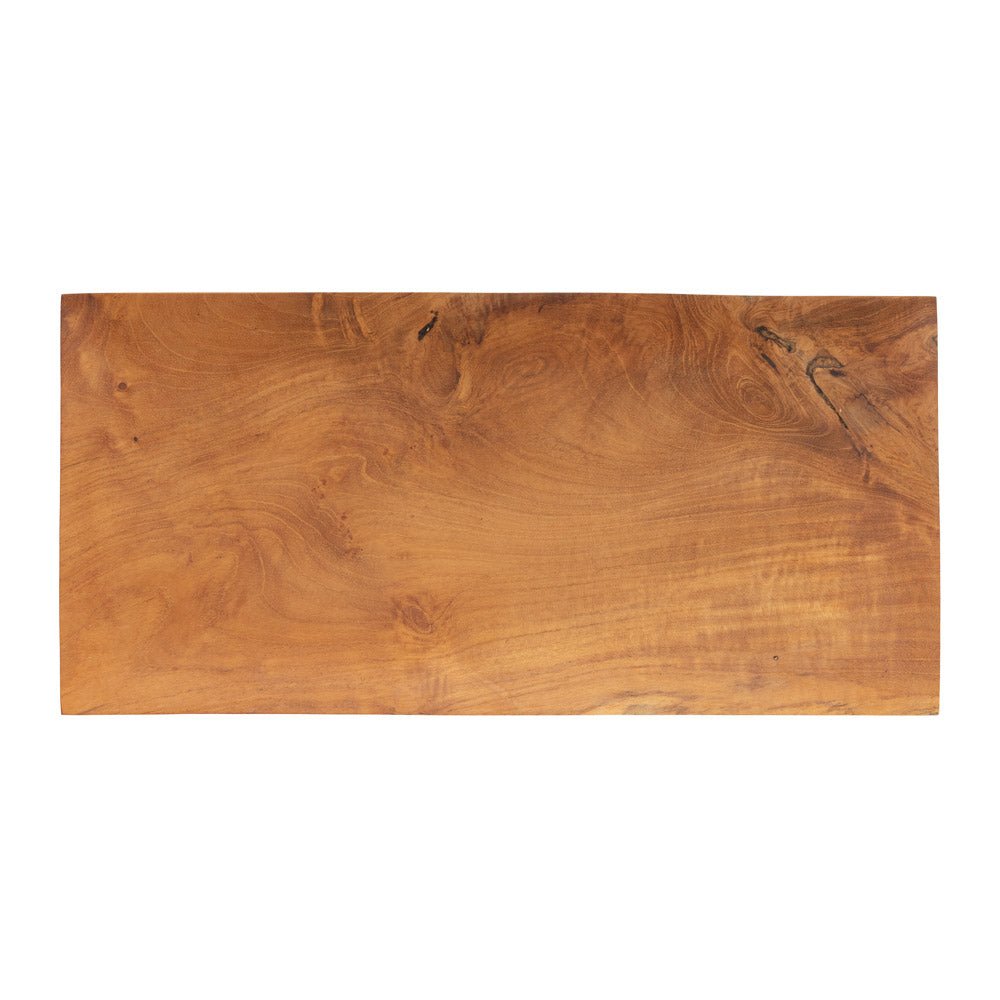 Medium teak root wood flat tray viewed from above on a white background