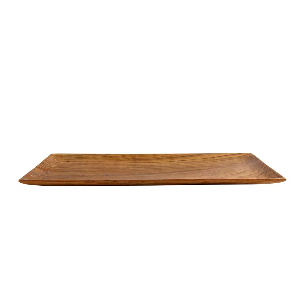 Medium teak root wood flat tray viewed from the side on a white background