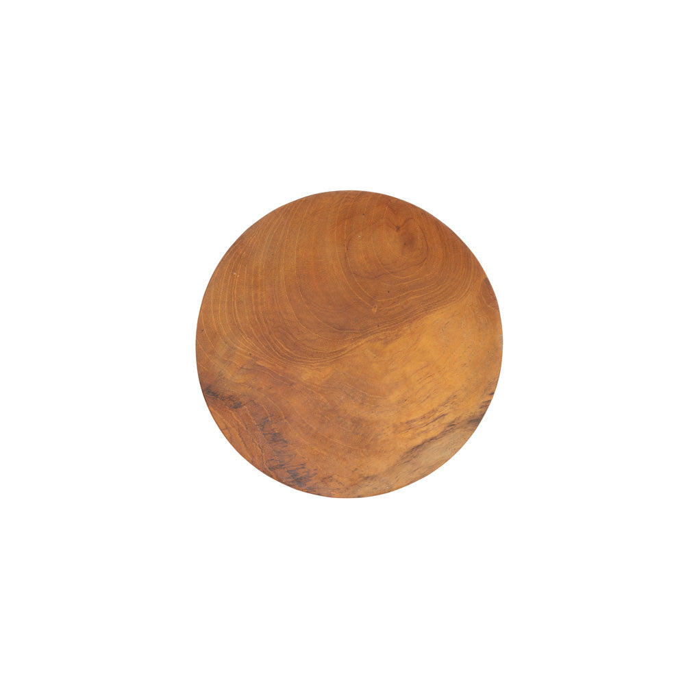 A round wooden serving pastry plate with a warm medium-brown finish and visible wood grain, shown from above on a plain white background.