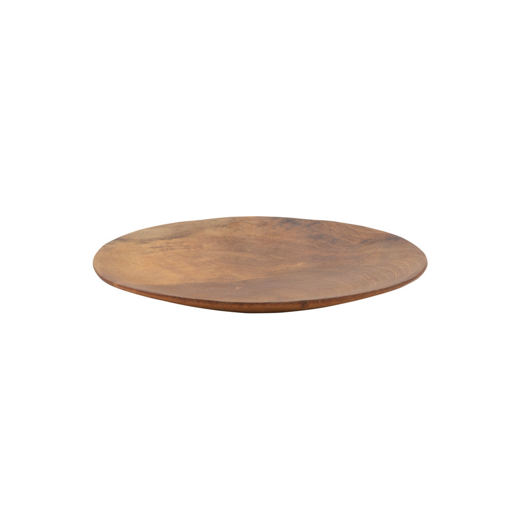 A round wooden serving pastry plate with a warm medium-brown finish and visible wood grain, shown from the side on a plain white background.