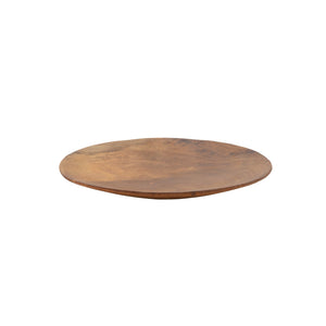 A round wooden serving pastry plate with a warm medium-brown finish and visible wood grain, shown from the side on a plain white background.