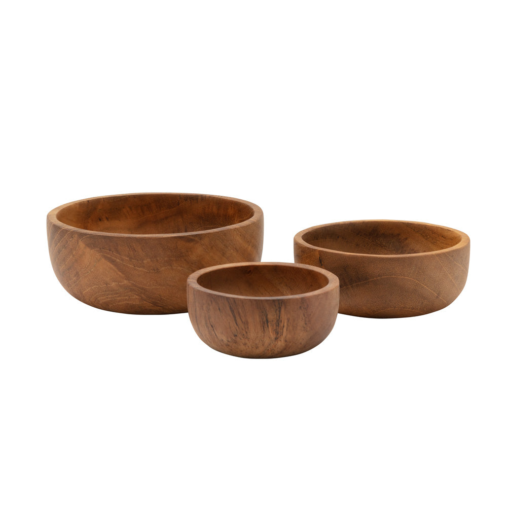 Three natural wooden bowls of different sizes and visible wood grain, set against a plain white background.