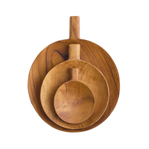 Three nested round wooden serving plates with handles (small, medium, large), shown from above on a plain white background.