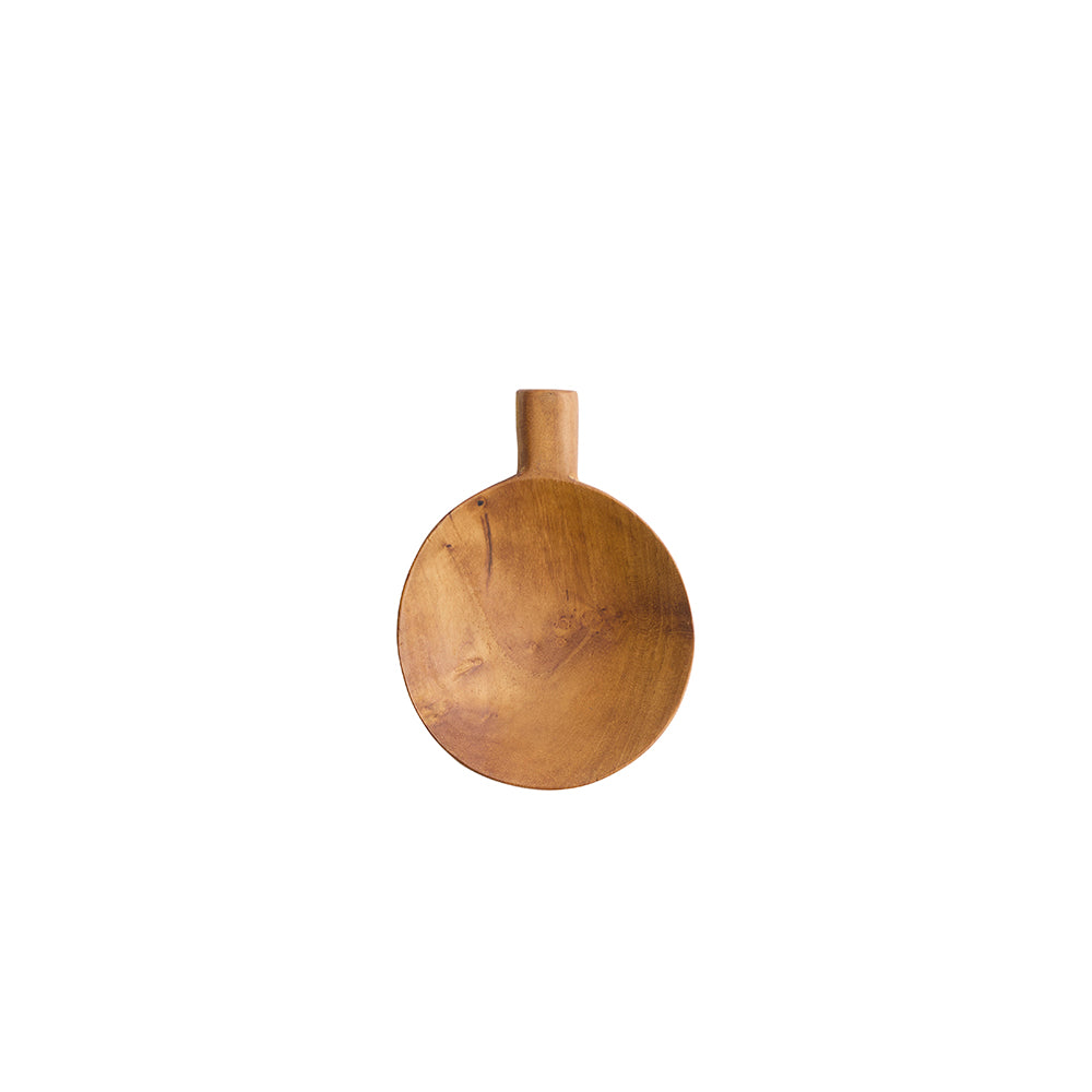 A medium round wooden serving plate with visible wood grain, shown from above on a plain white background.