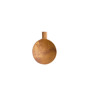 A medium round wooden serving plate with visible wood grain, shown from above on a plain white background.