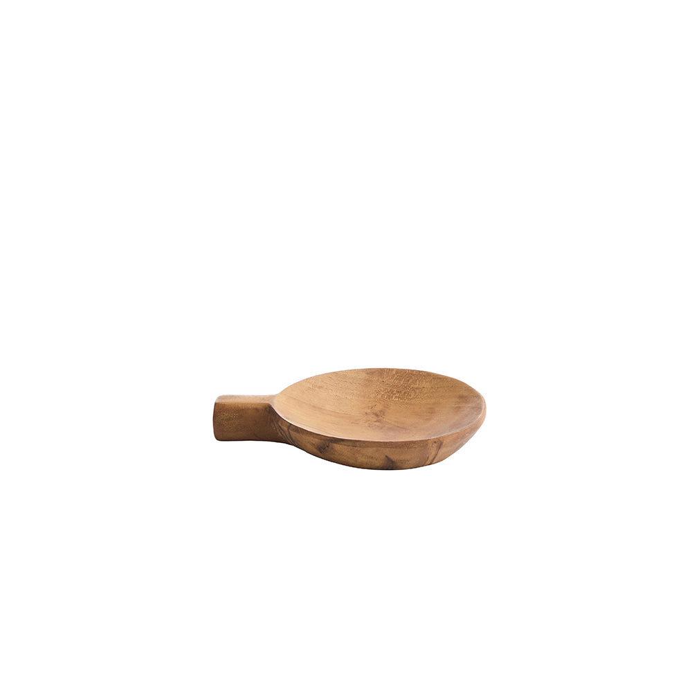 A small round wooden serving plate with a short handle and a natural wood finish and visible wood grain, shown from the side on a plain white background.