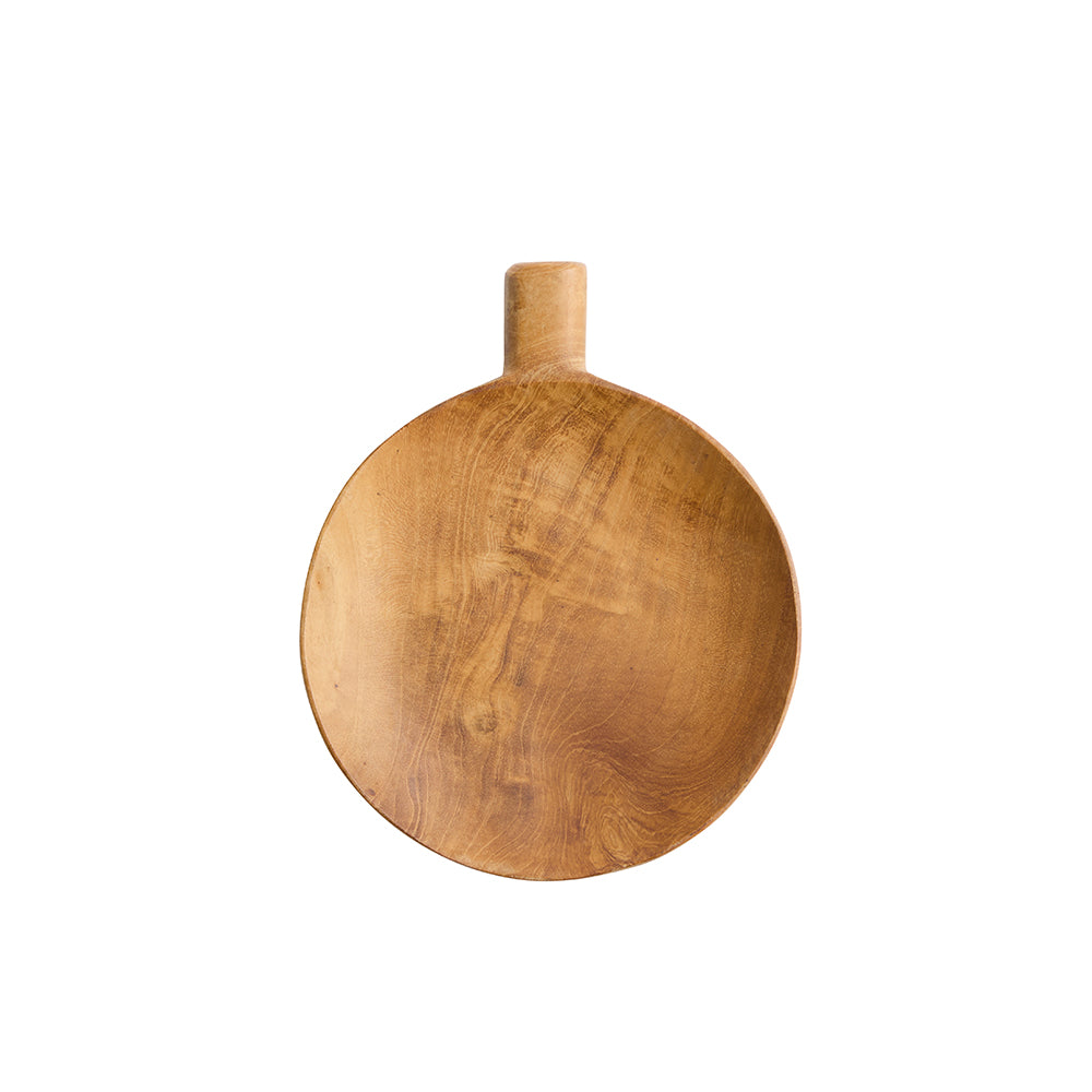A medium round wooden serving plate with visible wood grain, shown from above on a plain white background.