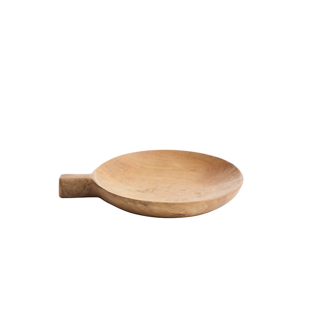 A medium round wooden serving plate with a short handle and a natural wood finish and visible wood grain, shown from the side on a plain white background.