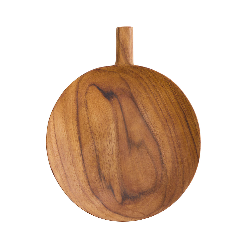 A large round wooden serving plate with visible wood grain, shown from above on a plain white background.