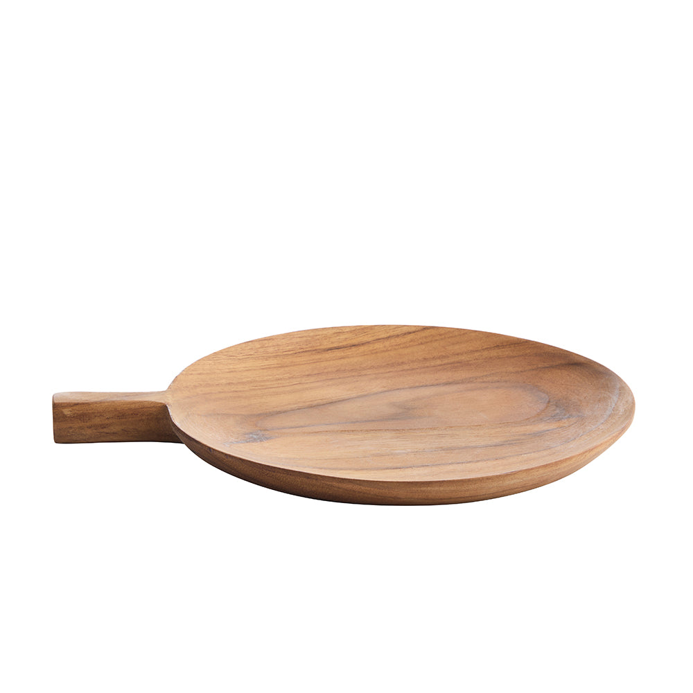 A large round wooden serving plate with a short handle and a natural wood finish and visible wood grain, shown from the side on a plain white background.