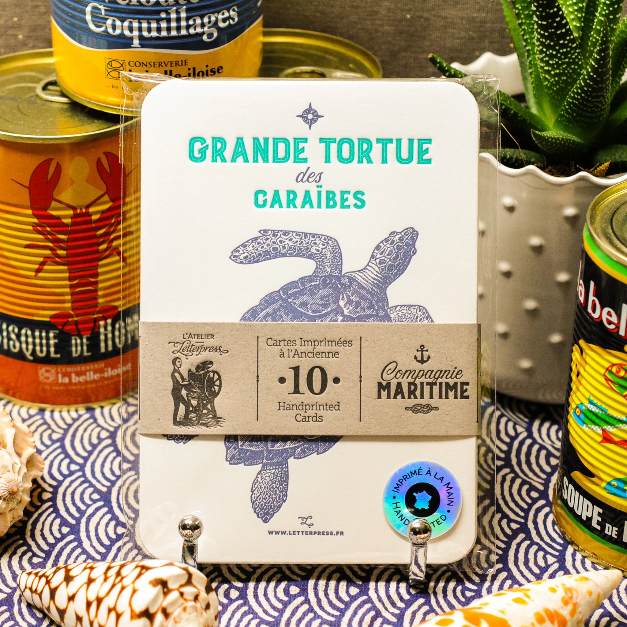 Packaged set of 10 Maritime sea creatures art print cards bound together with a recycled brown paper strip, displayed on a patterned blue and white pattern background with seashells and canned seafood props.