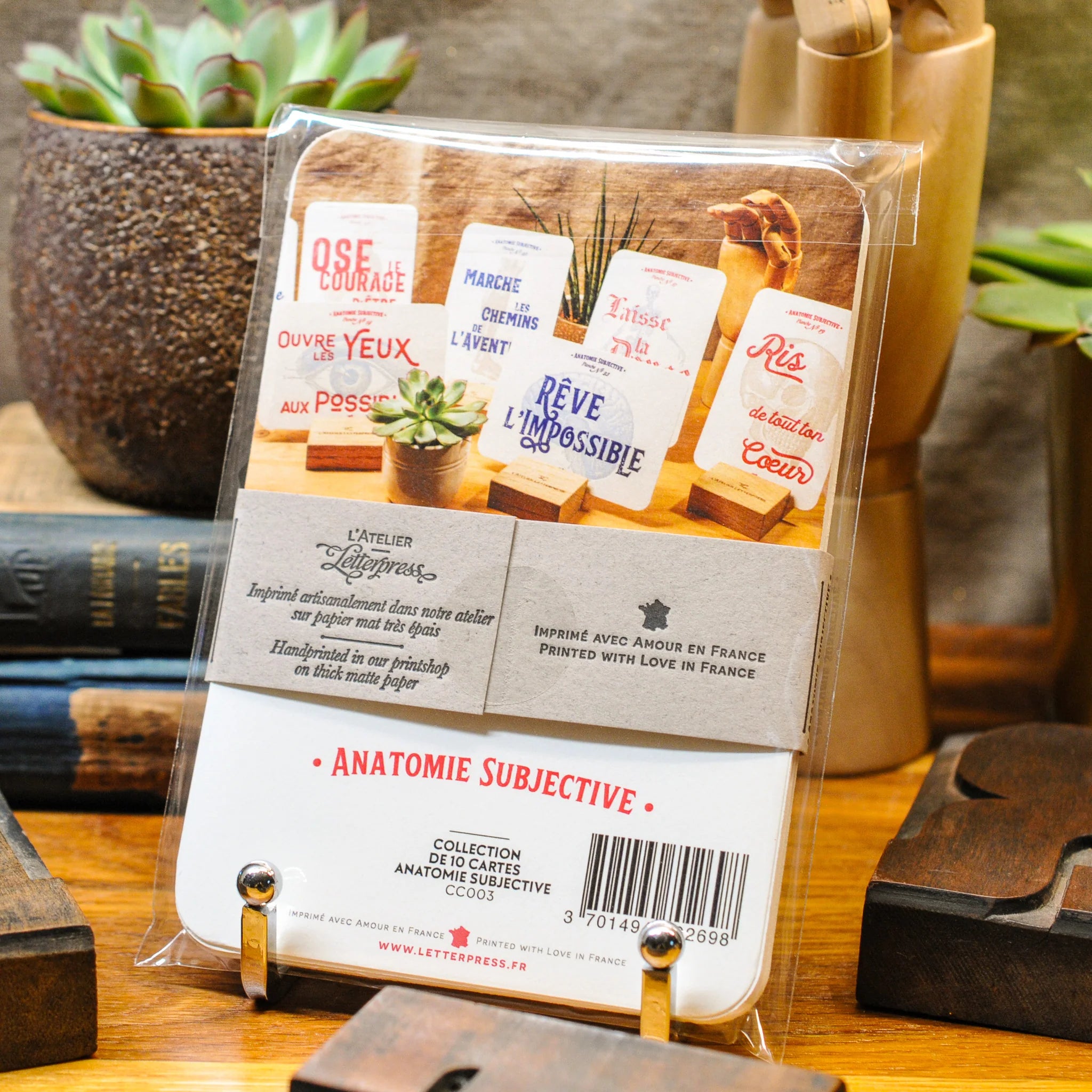 Packaged set of 10 anatomy art print cards bound together with a recycled brown paper strip shown from the back on a wooden surface with plants and books in the background.