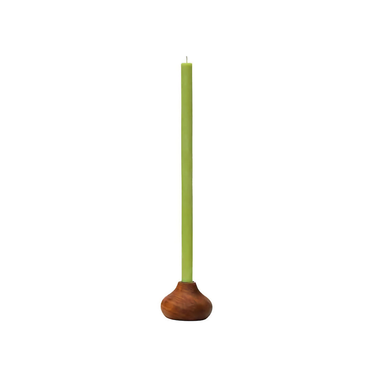 A tall, slender lime green thin candle with a small, rounded brown wooden base, shown against a plain white background.