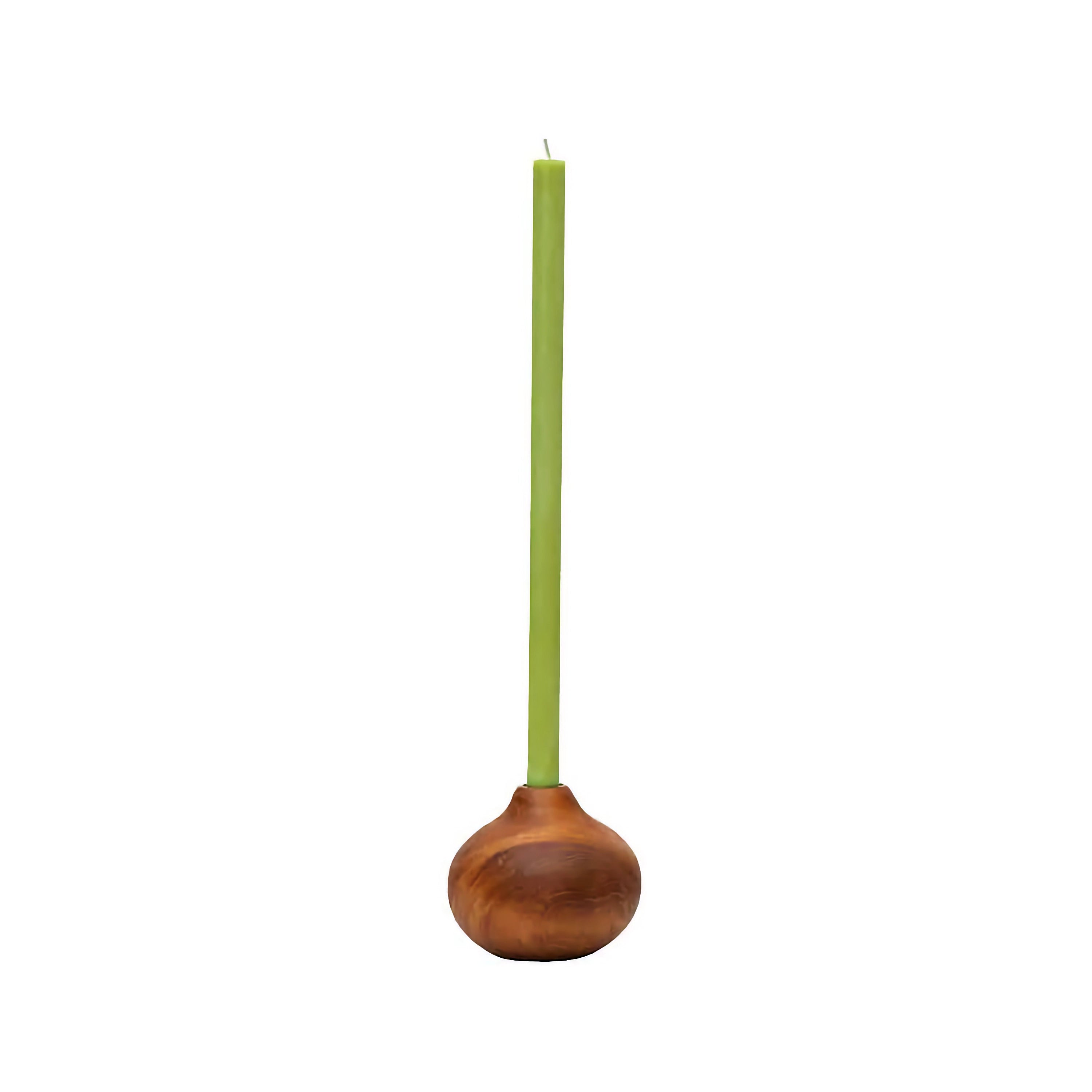 A tall, slender light green thin candle set in a rounded, medium, hand-carved wooden candle holder with a warm brown finish, on a white background.