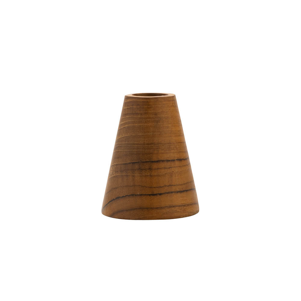 Wooden cone / rounded triangular shaped candle holder on a white background.