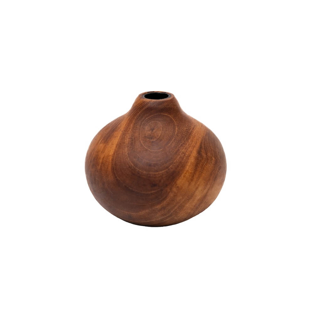 A medium wooden candle holder with a rounded bulbous body, a narrow neck, and an open top, featuring a rich warm brown wood grain pattern, on a white background.