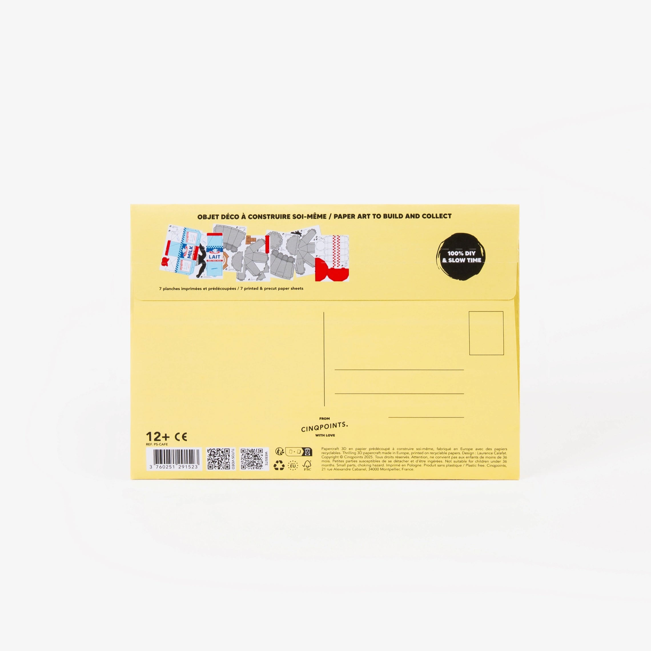The back of a light yellow cardboard mailer envelope, featuring product details, address lines, stamp location, and a small graphic illustration, set against a clean white background.