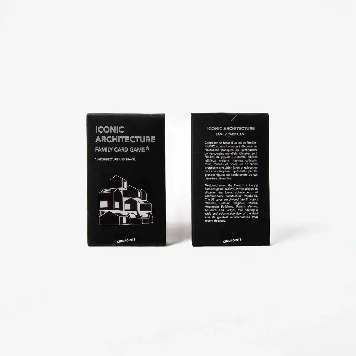 Two black rectangular card boxes standing upright on a white background, showing the front and back of an 'Iconic Architecture Family Card Game' set.