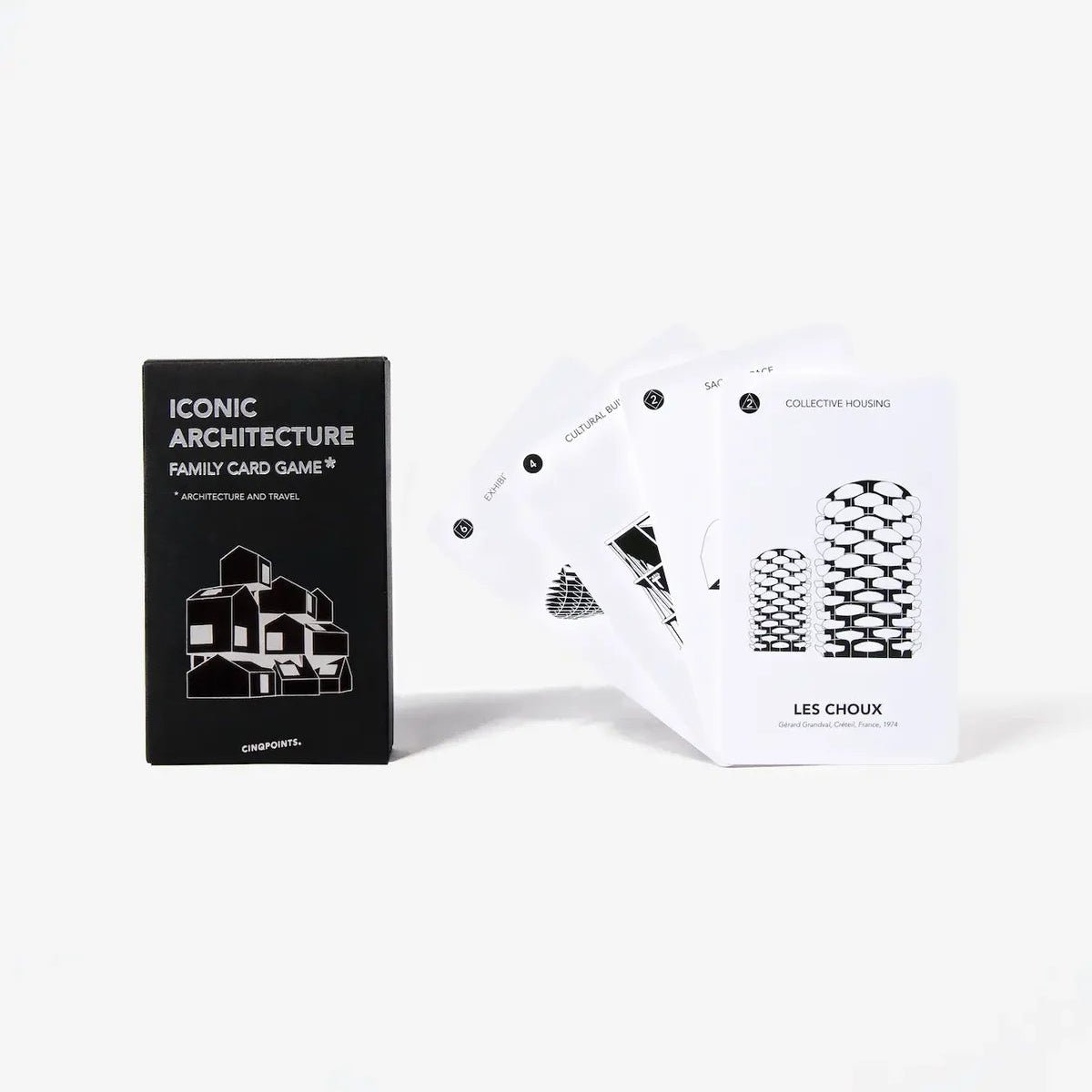 The Iconic Architecture Family Card Game set, featuring a black box on the left and several white cards fanned out on the right against a clean white background.