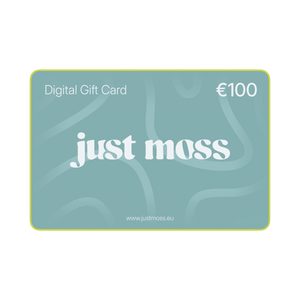 A 100 euro digital gift card for the brand just moss, featuring a muted teal-green background with abstract wavy lines, white text, and a thin yellow border on a white background.