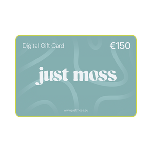 A 150 euro digital gift card for the brand just moss, featuring a muted teal-green background with abstract wavy lines, white text, and a thin yellow border on a white background.