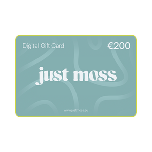 A 200 euro digital gift card for the brand just moss, featuring a muted teal-green background with abstract wavy lines, white text, and a thin yellow border on a white background.