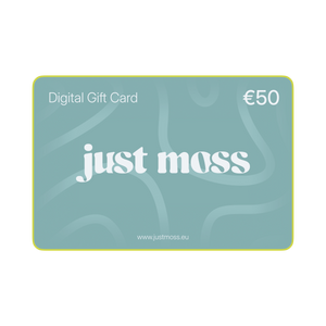 A 50 euro digital gift card for the brand just moss, featuring a muted teal-green background with abstract wavy lines, white text, and a thin yellow border on a white background.