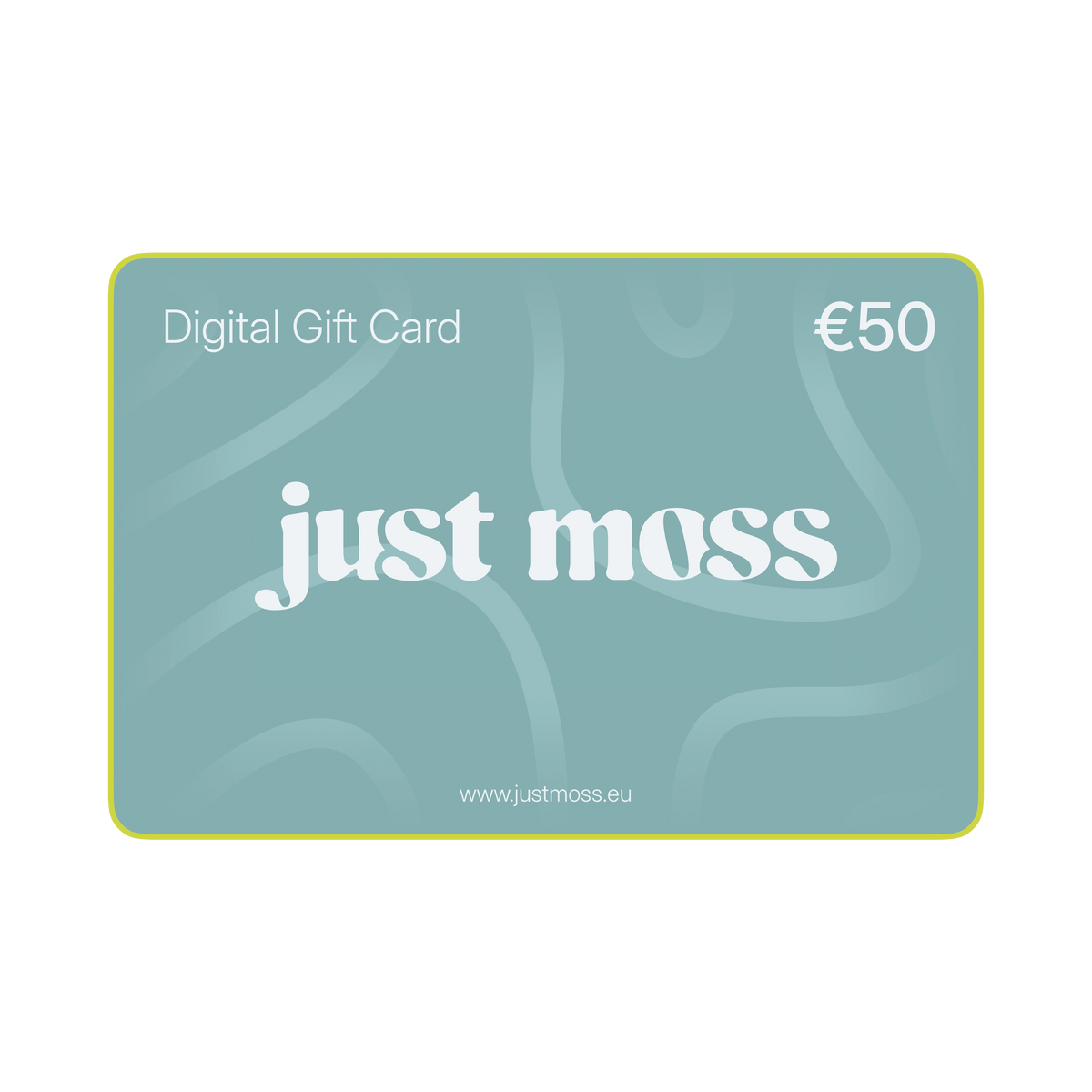 A 50 euro digital gift card for the brand just moss, featuring a muted teal-green background with abstract wavy lines, white text, and a thin yellow border on a white background.