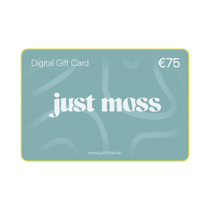 A 75 euro digital gift card for the brand just moss, featuring a muted teal-green background with abstract wavy lines, white text, and a thin yellow border on a white background.