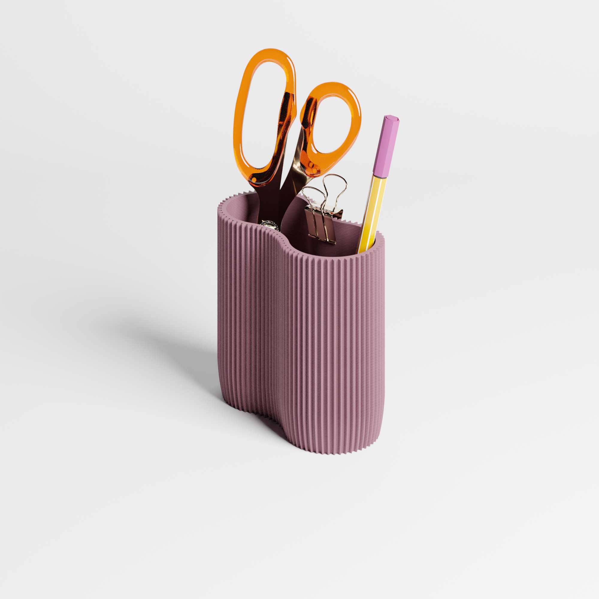 Purple ribbed pen holder with scissors, clips, and a pen on a light gray background.