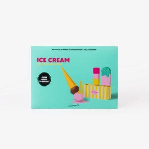 A turquoise cardboard envelope for ice cream paper models set, featuring colourful illustrations of an ice cream cone, 2 different ice creams, and a striped dessert box, photographed on a clean white background.