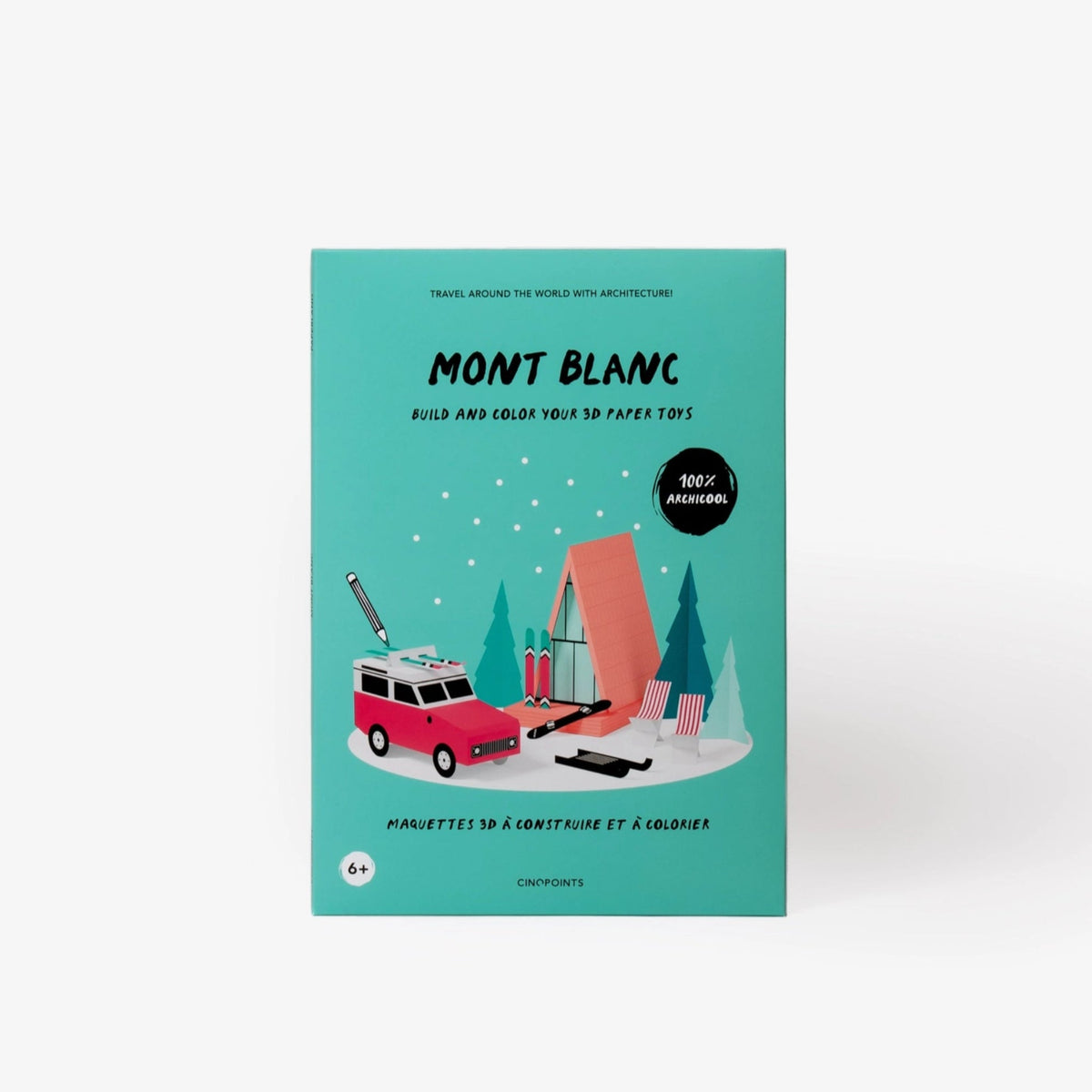 Mont Blanc paper paper model kit folder featuring a teal cover with a colourful illustration of a red van, alpine house, and trees, shown on a light gray background.