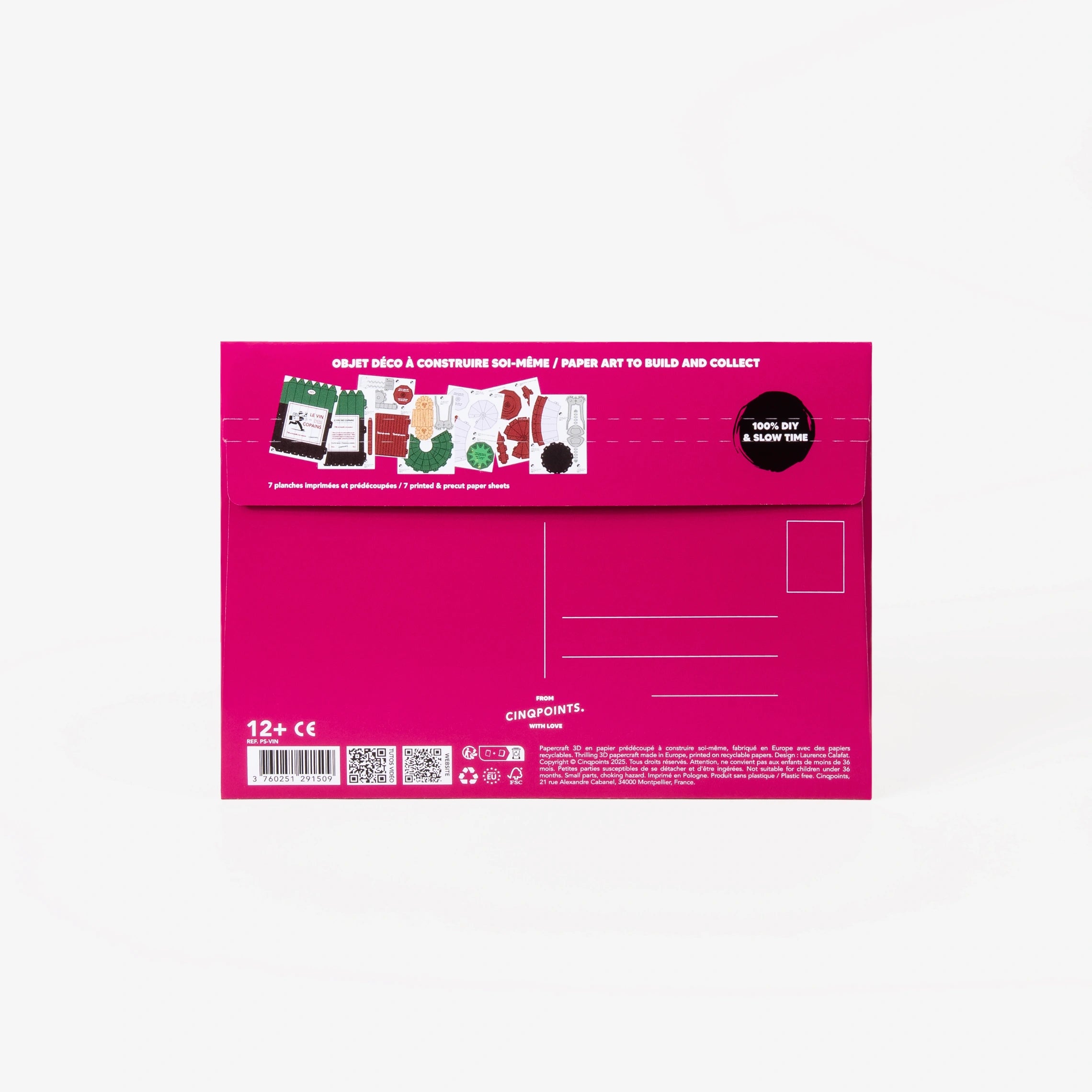 The back of a pink cardboard mailer envelope, featuring product details, address lines, stamp location, and a small graphic illustration, set against a clean white background.