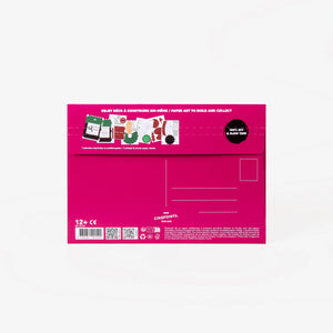 The back of a pink cardboard mailer envelope, featuring product details, address lines, stamp location, and a small graphic illustration, set against a clean white background.